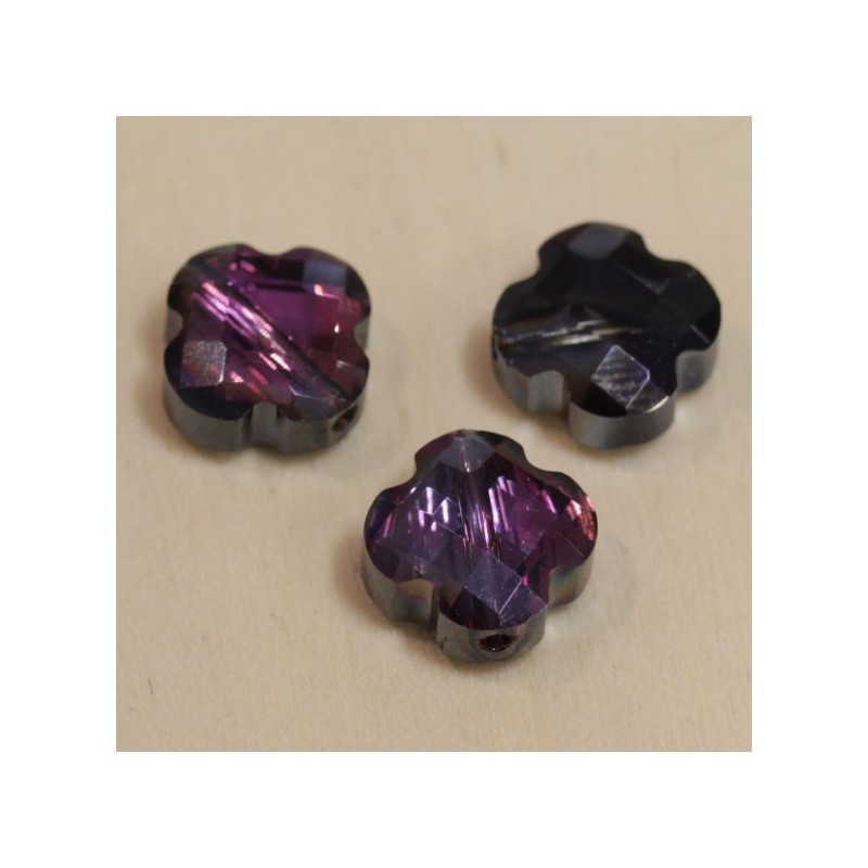 Perles en cristal à facettes  - Trèfle  12x12mm - Violet Doré Face Noir Ab