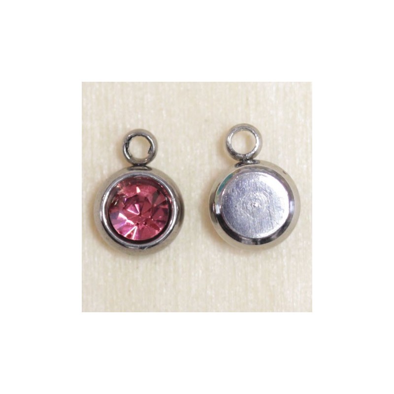 Breloque - Acier Inoxydable - Strass rond - 8x6mm - Argenté foncé et rose