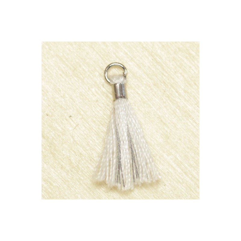 Mini Pompon de fil de coton - 15mm - Attache Argentée - Blanc et Argenté