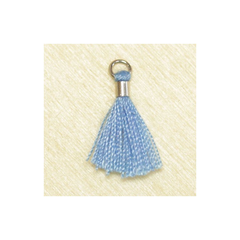 Mini Pompon de fil de coton - 15mm - Attache Argentée - Bleu Clair