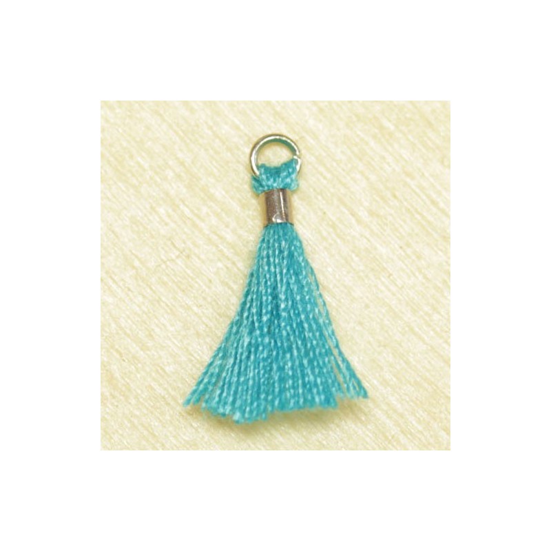 Mini Pompon de fil de coton - 15mm - Attache Argentée - Bleu Turquoise