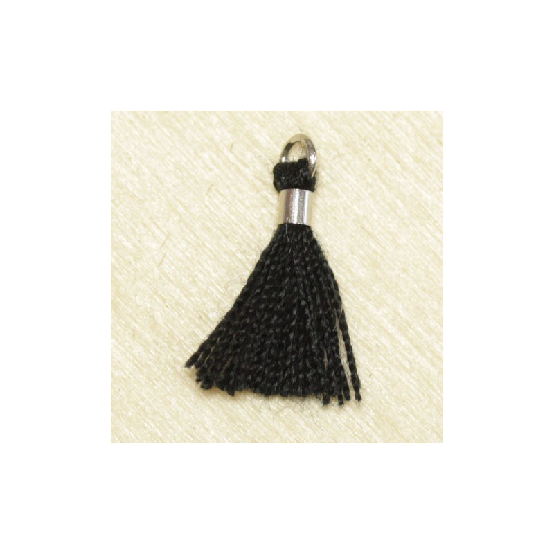 Mini Pompon de fil de coton - 15mm - Attache Argentée - Noir