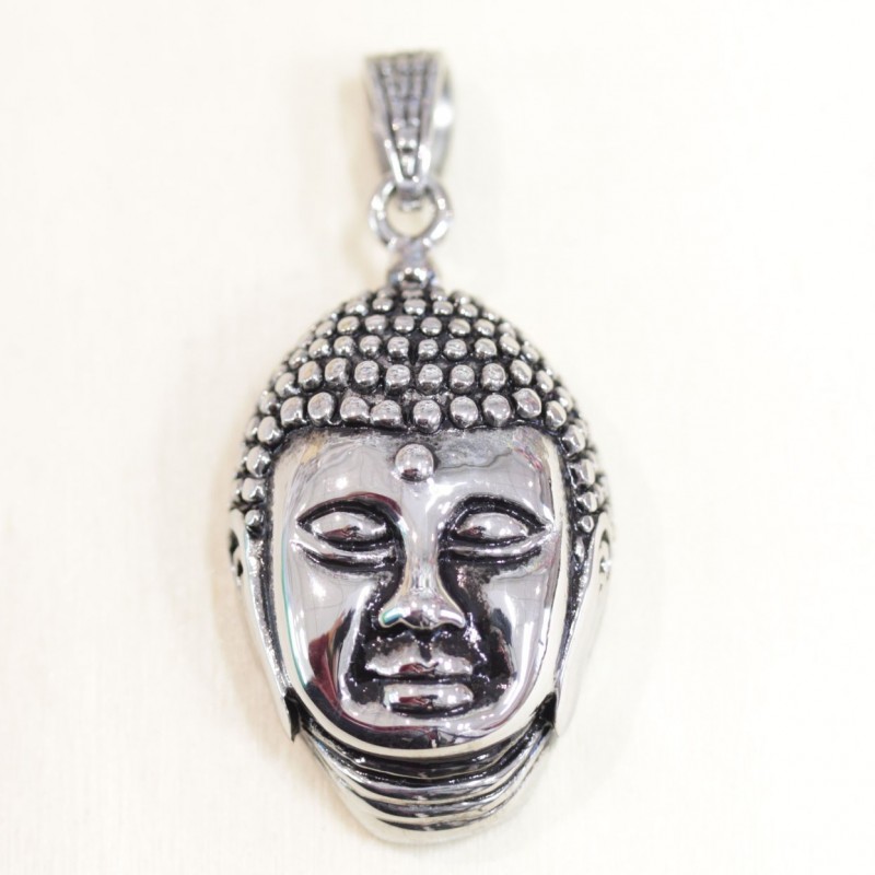 Pendentif - Acier inoxydable - Tête de Buddha - 47x36,5mm - Argenté foncé