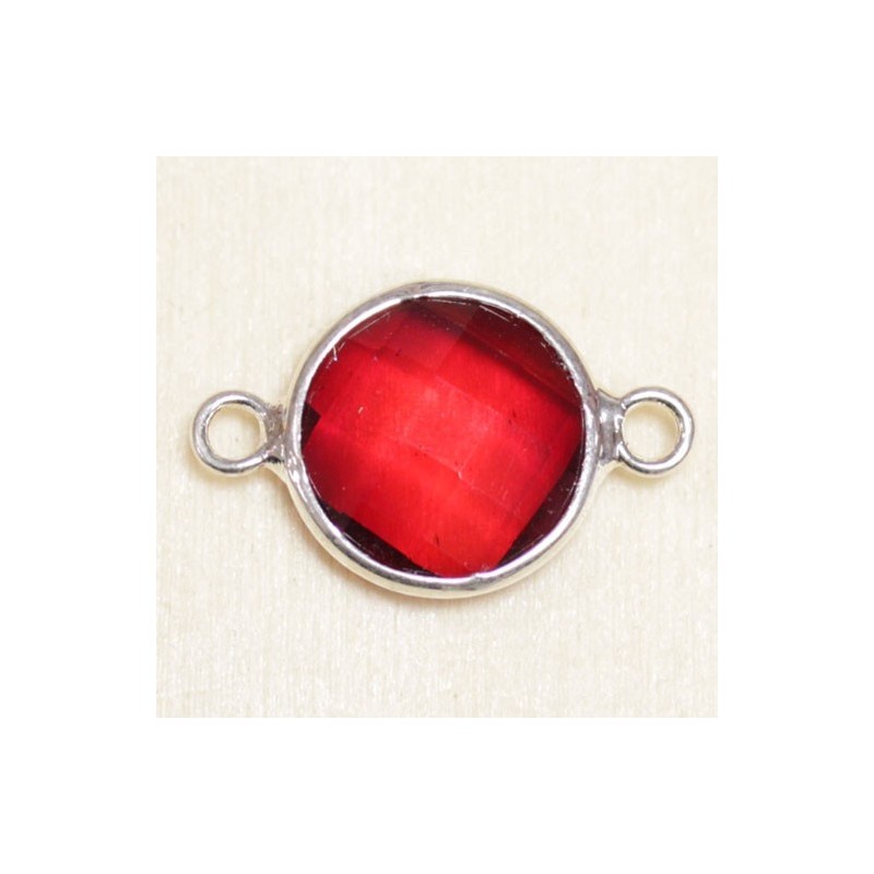 Connecteur cristal - 20x13mm - Rond 12mm - Argenté et rouge