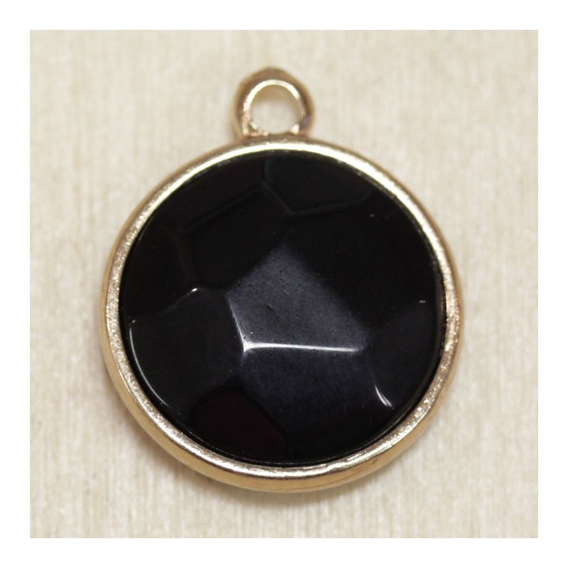 Breloque en Agate Noire ou Onyx Noir sertie en laiton doré - Rond Plat - 20*16mm - Pierre naturelle ou Gemme