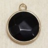 Breloque en Agate Noire ou Onyx Noir sertie en laiton doré - Rond Plat - 20*16mm - Pierre naturelle ou Gemme