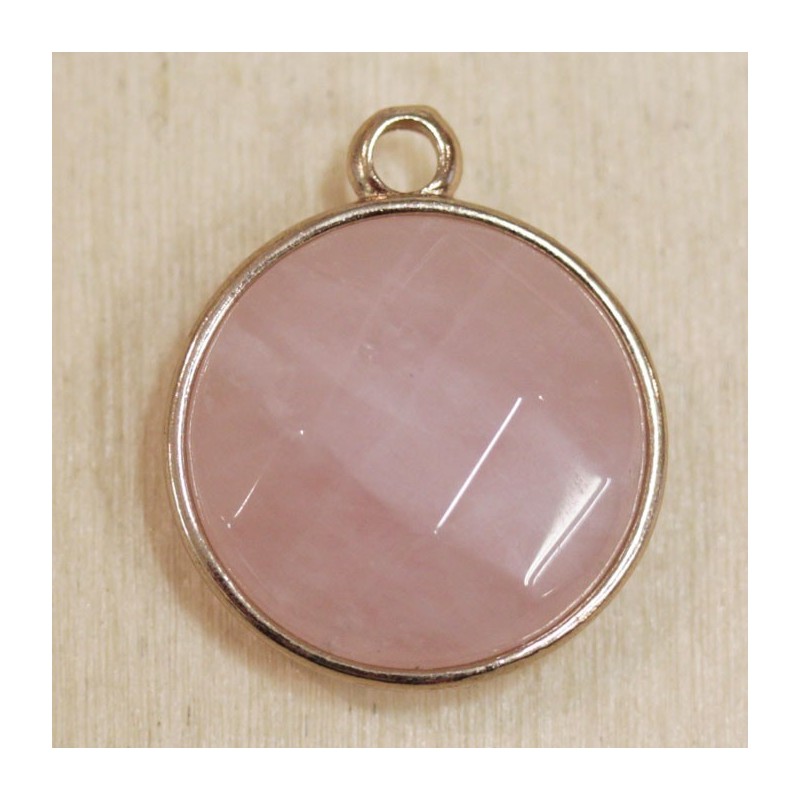 Breloque en pierre naturelle ou Gemme sertie en laiton doré - Quartz Rose - Rond Plat -20*16mm