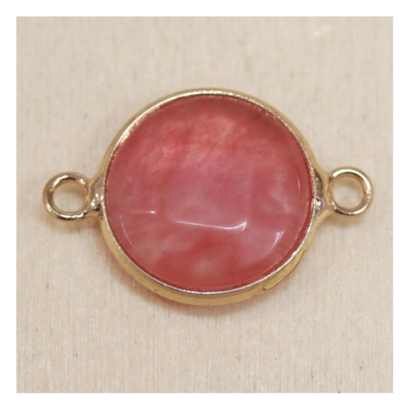 Connecteur en pierre naturelle ou Gemme serti en laiton doré - Rond Plat - 25*16mm- Quartz Fraise