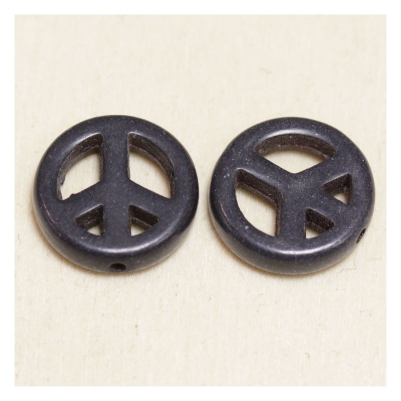 Perle en pierre naturelle ou Gemme - Howlite teintée Noir - Peace and Love - 15mm