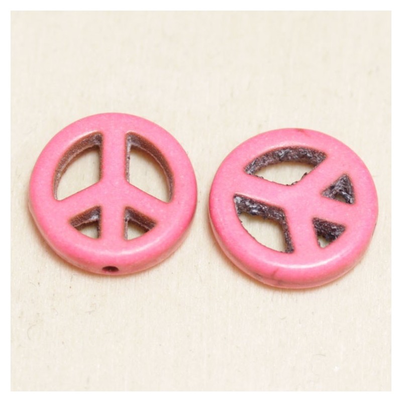 Perle en pierre naturelle ou Gemme - Howlite teintée Rose - Peace and Love - 15mm