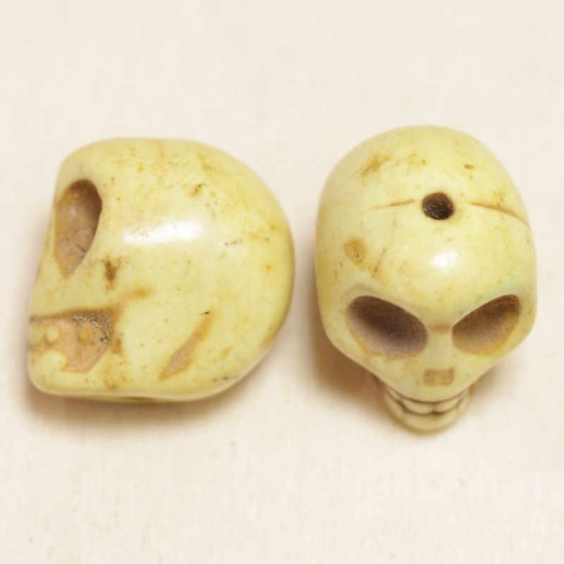 Perle en pierre naturelle ou Gemme - Howlite teintée Jaune - Tête de Mort - 17*17mm
