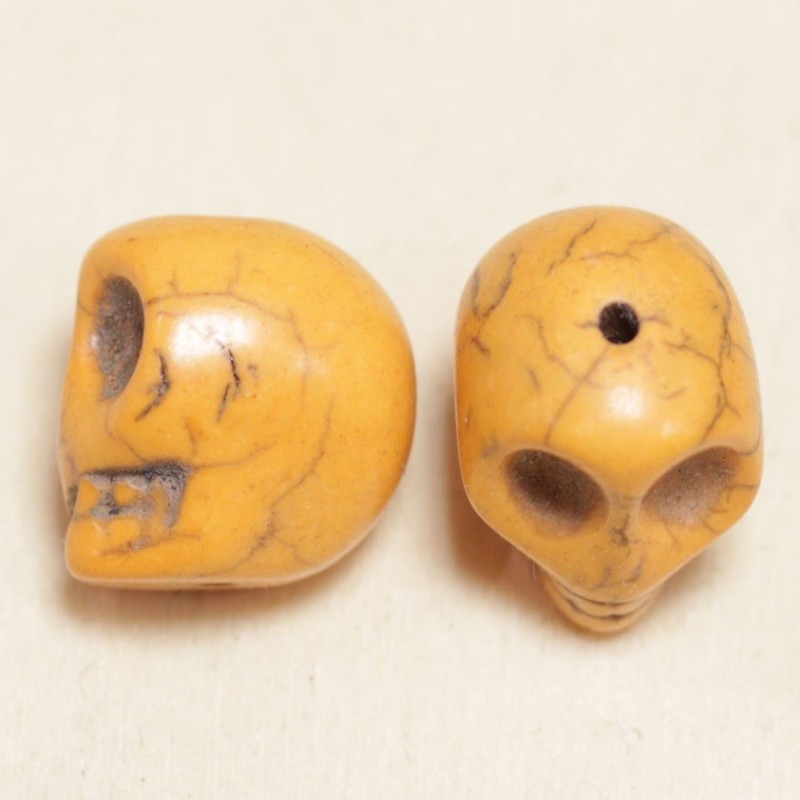 Perle en pierre naturelle ou Gemme - Howlite teintée Orange - Tête de Mort - 17*17mm