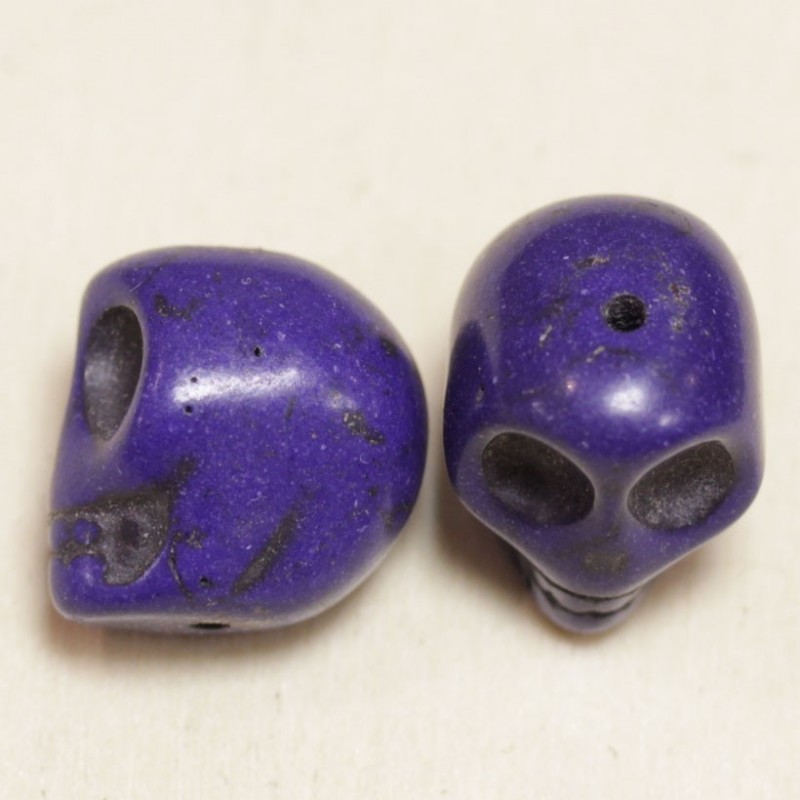 Perle en pierre naturelle ou Gemme - Howlite teintée Violet - Tête de Mort - 17*17mm