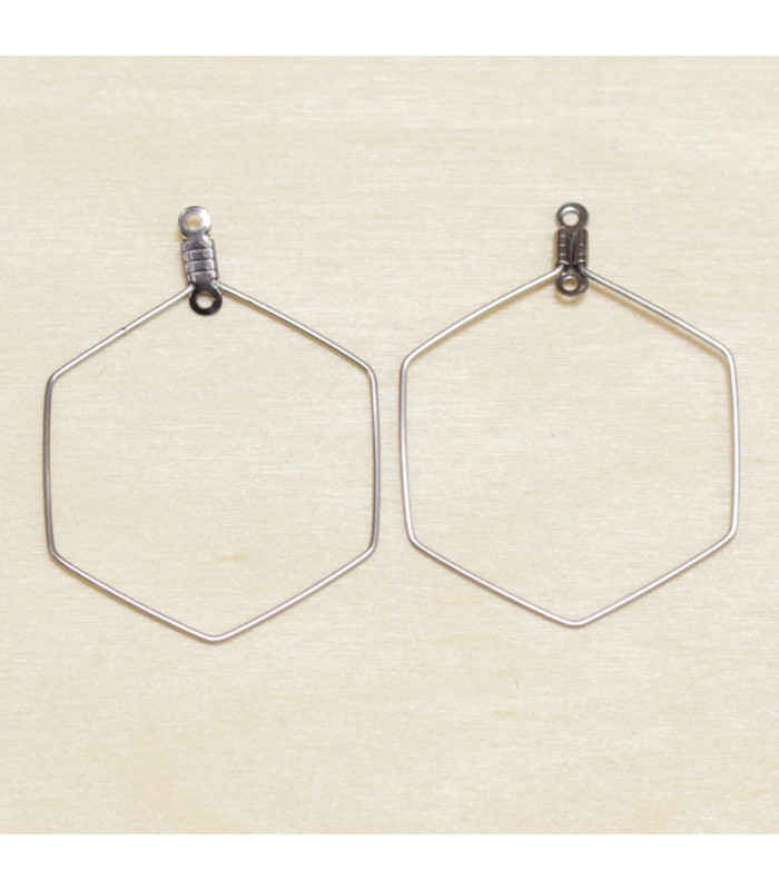 Supports Boucles d'Oreilles en Acier Inoxydable Hexagones 44x28mm - Argenté Foncé - La Paire