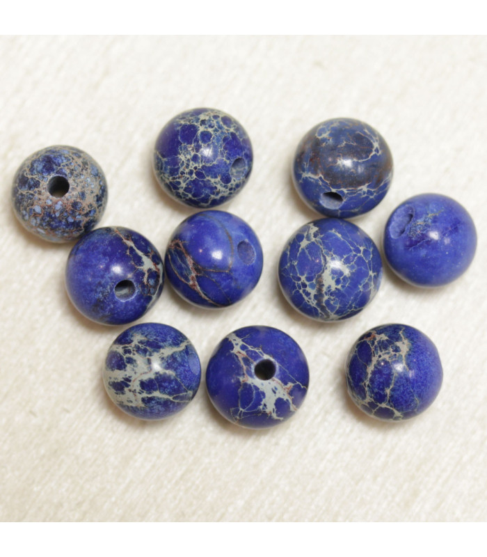 Perles en pierre naturelle ou Gemme - Jaspe Impression Bleu - 10mm - Lot de 10 perles