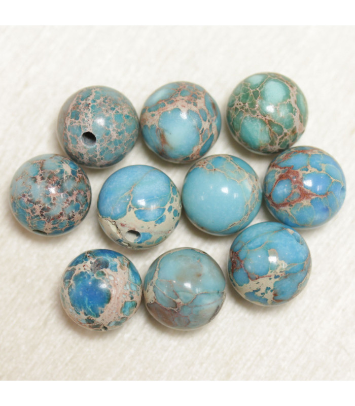 Perles en pierre naturelle ou Gemme - Jaspe Impression Bleu Turquoise - 10mm - Lot de 10 perles