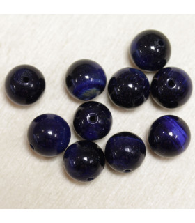 Perles en pierre naturelle ou Gemme - Oeil Du Tigre Bleu Teintée - 10mm - Lot de 10 perles