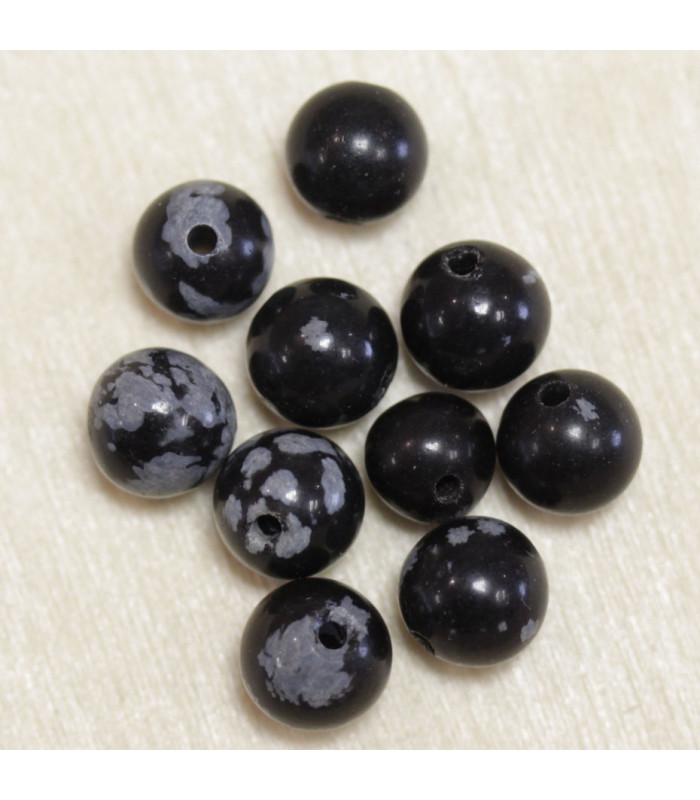 Perles en pierre naturelle ou Gemme - Obsidienne Flocon Neige - 6mm - Lot de 10 perles