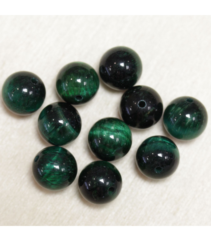 Perles en pierre naturelle ou Gemme - Oeil Du Tigre Vert Teinté - 10mm - Lot de 10 perles