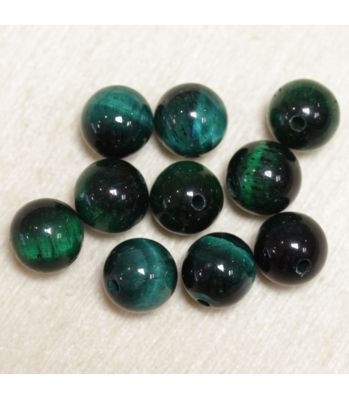 Perles en pierre naturelle ou Gemme - Oeil Du Tigre Vert Teinté - 8mm - Lot de 10 perles