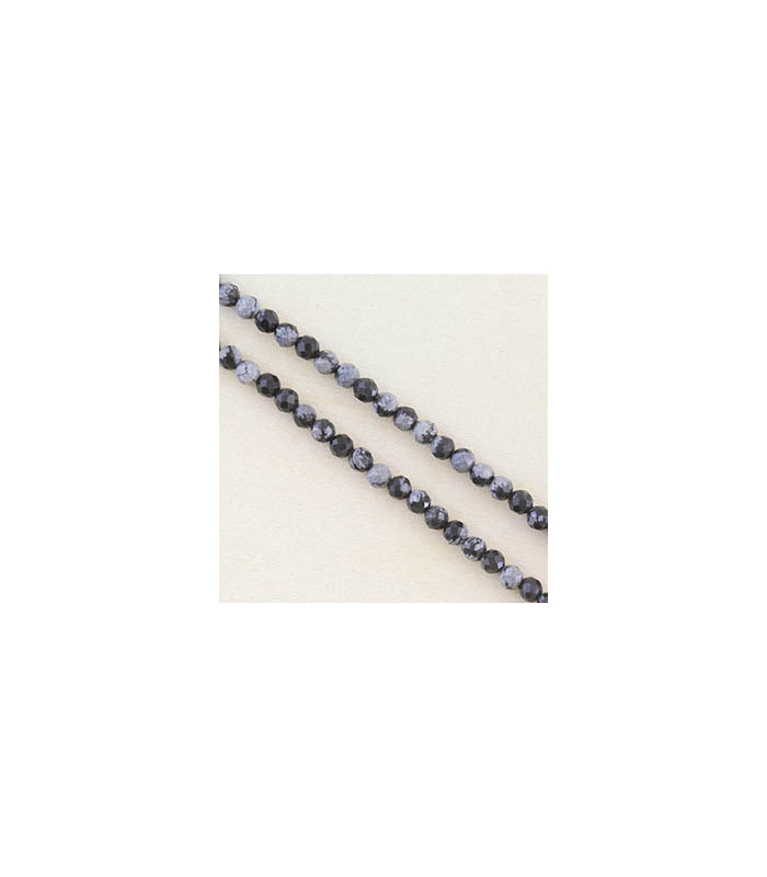 Fil de 38cm en Perles Rondes à Facettes en pierre naturelle - Obsidienne Flocon de Neige - 3,5x3mm