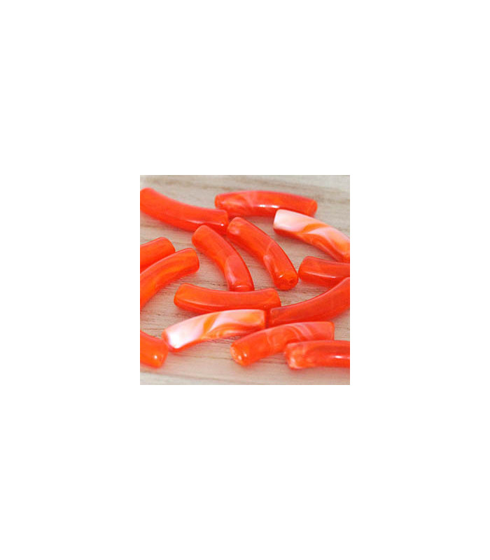 Perle tube incurvée en Acrylique 31x9,5mm - Orange Corail effet marbré
