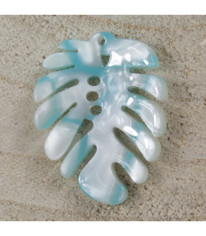 Pendentif Feuille de Monstera écaille de Tortue Bleu et Blanc acrylique