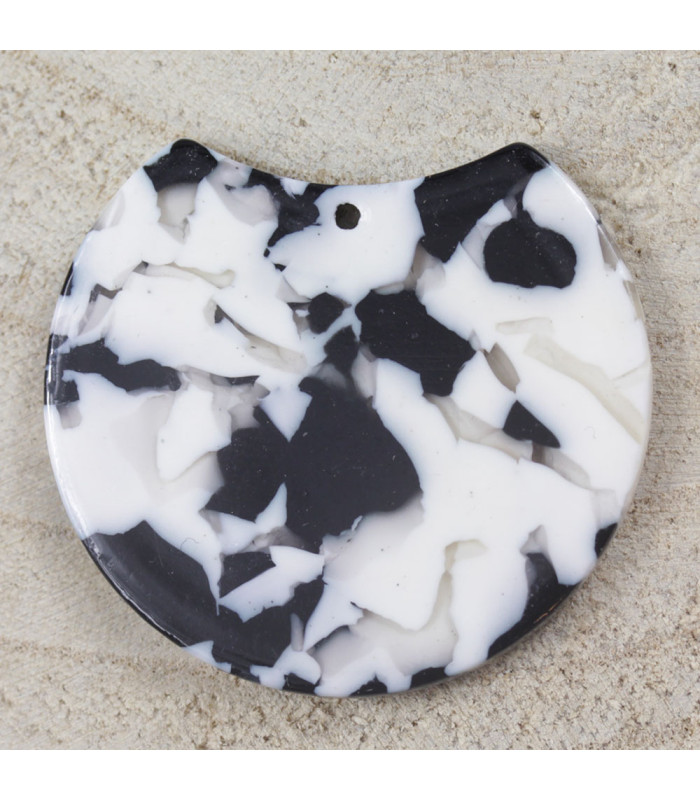 Pendentif Rond Coupé écaille de Tortue Marbré blanc et noir acétate